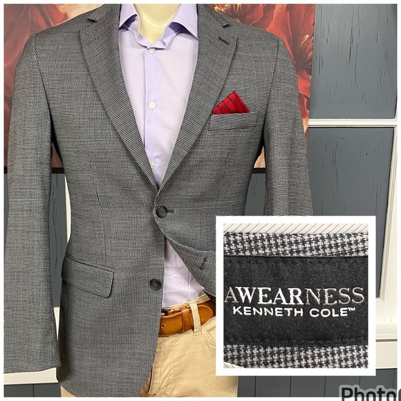 Kenneth Cole Textured Blazer Sport Jacket Mens 38R Slim Fit Wool Stretch Gray